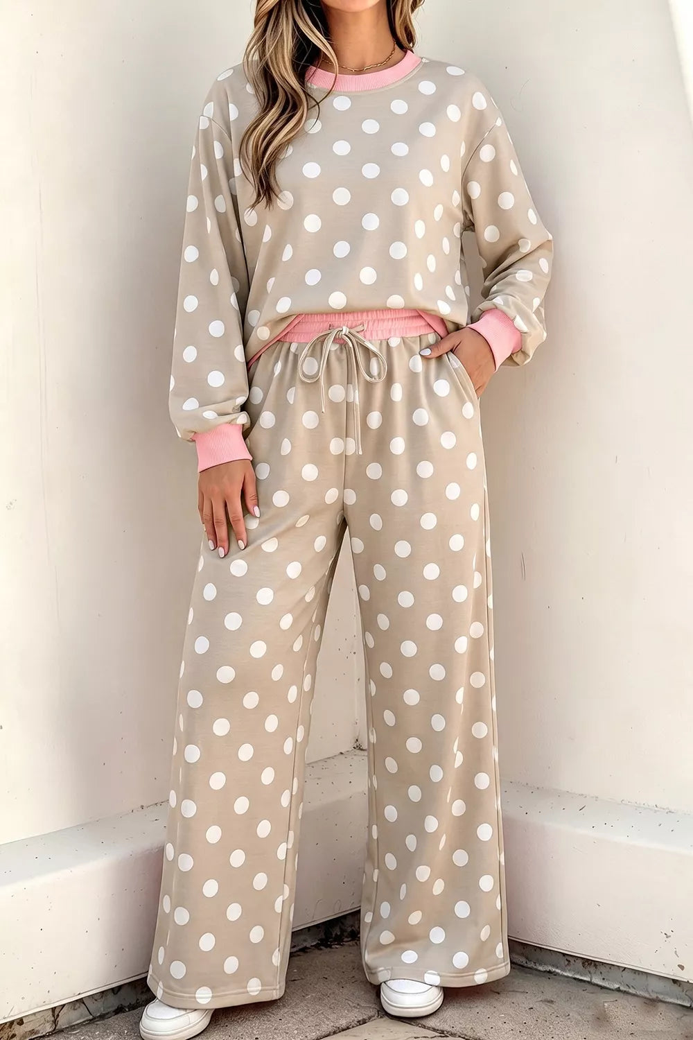 Polka Dot Contrast Trim Long Sleeve Top Drawstring Shift Pants Set