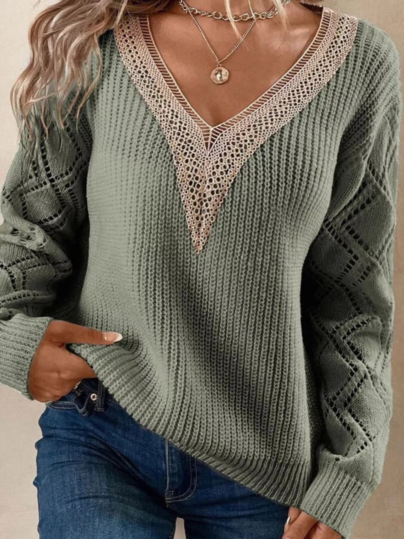 Openwork V-Neck Sweater