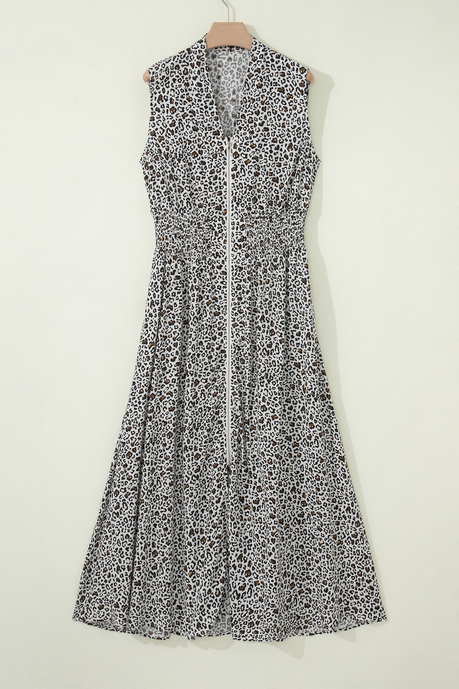 Beige Leopard Zip Front V Neck Cinched Waist Sleeveless Maxi Dress