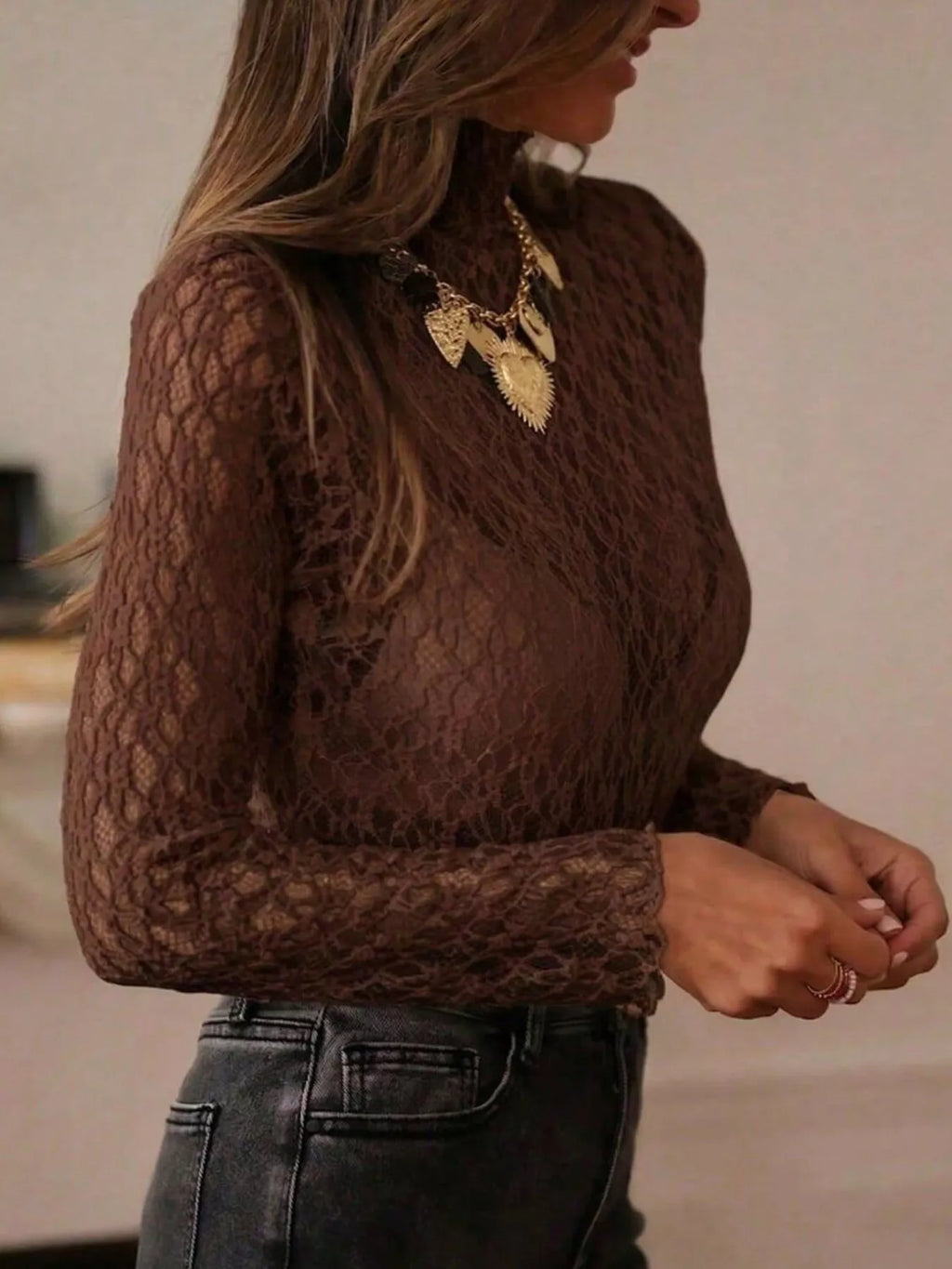 Mock Neck Sheer Lace Long Sleeve Top