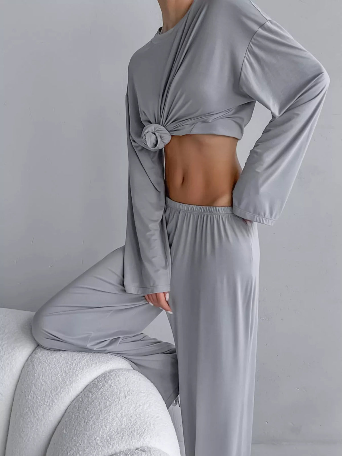 Solid Color Long Sleeve Top and Pants Set