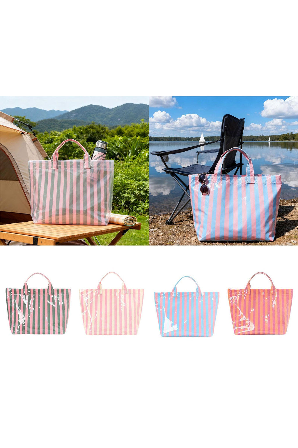 Pink Glossy Striped Vinyl Large Tote Bag