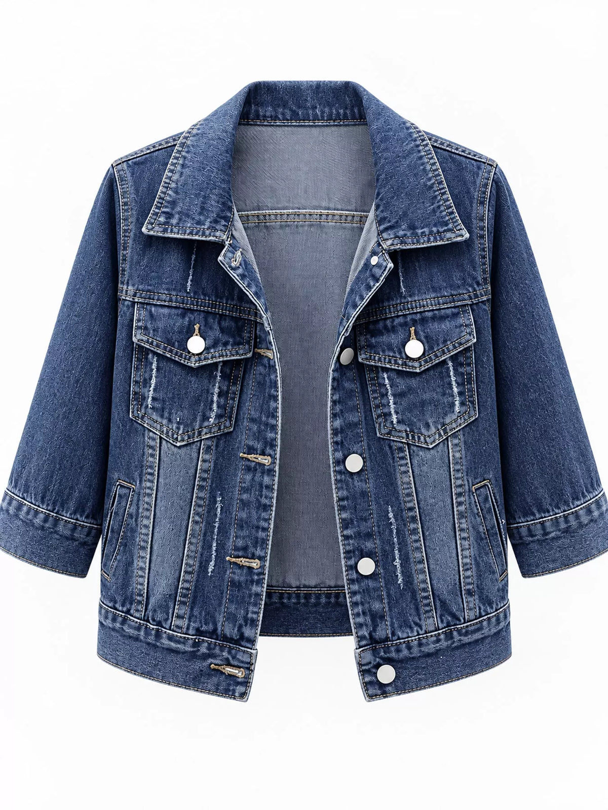 Full Size Distressed Mid-Sleeve Denim Jacket Plus Size