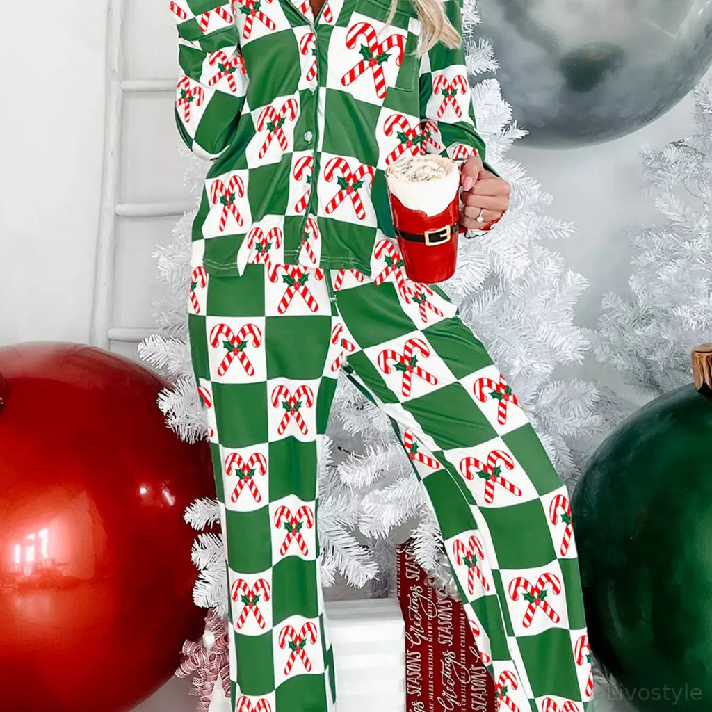 Candy Cane Checkered Print Long Sleeve Pajama Set