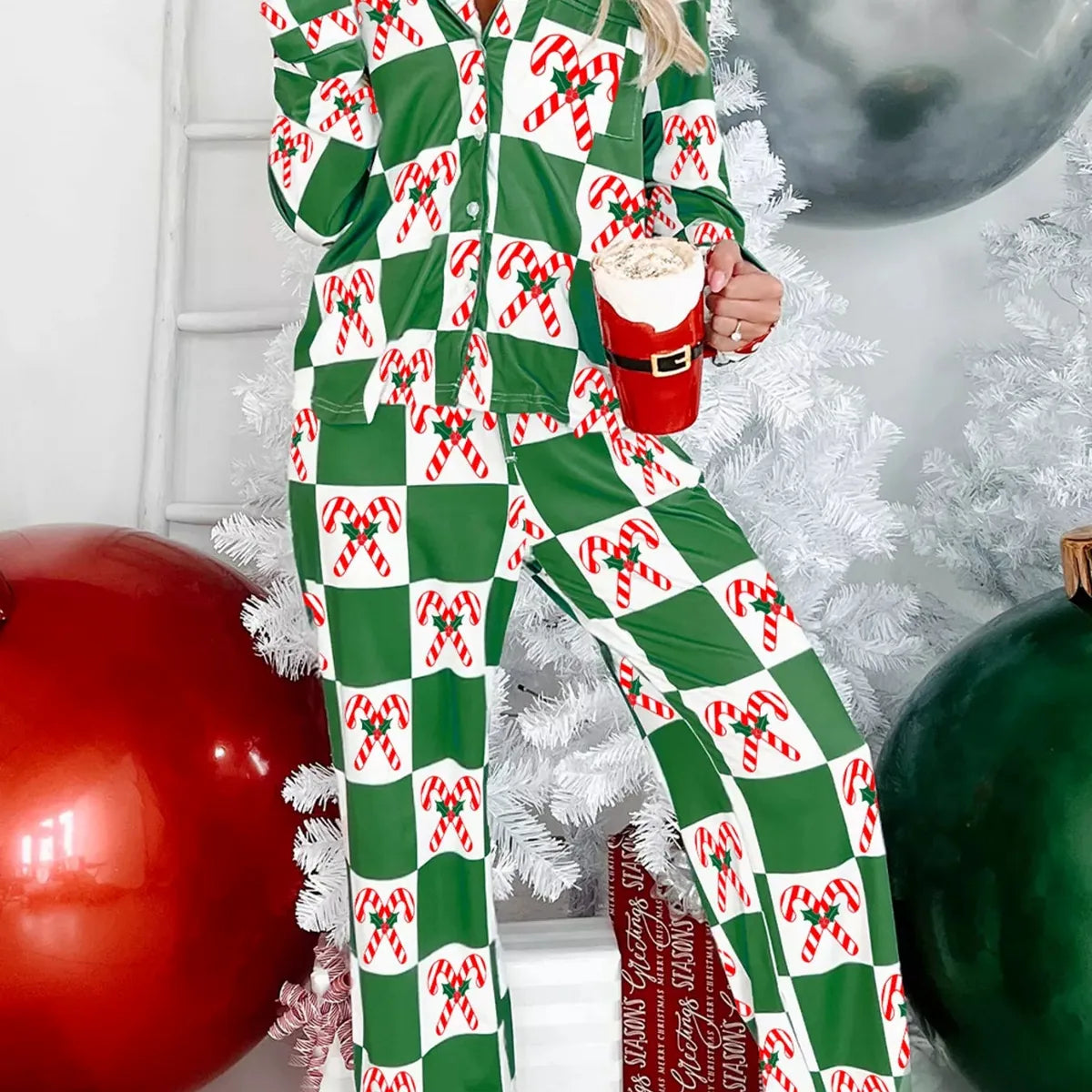 Candy Cane Checkered Print Long Sleeve Pajama Set
