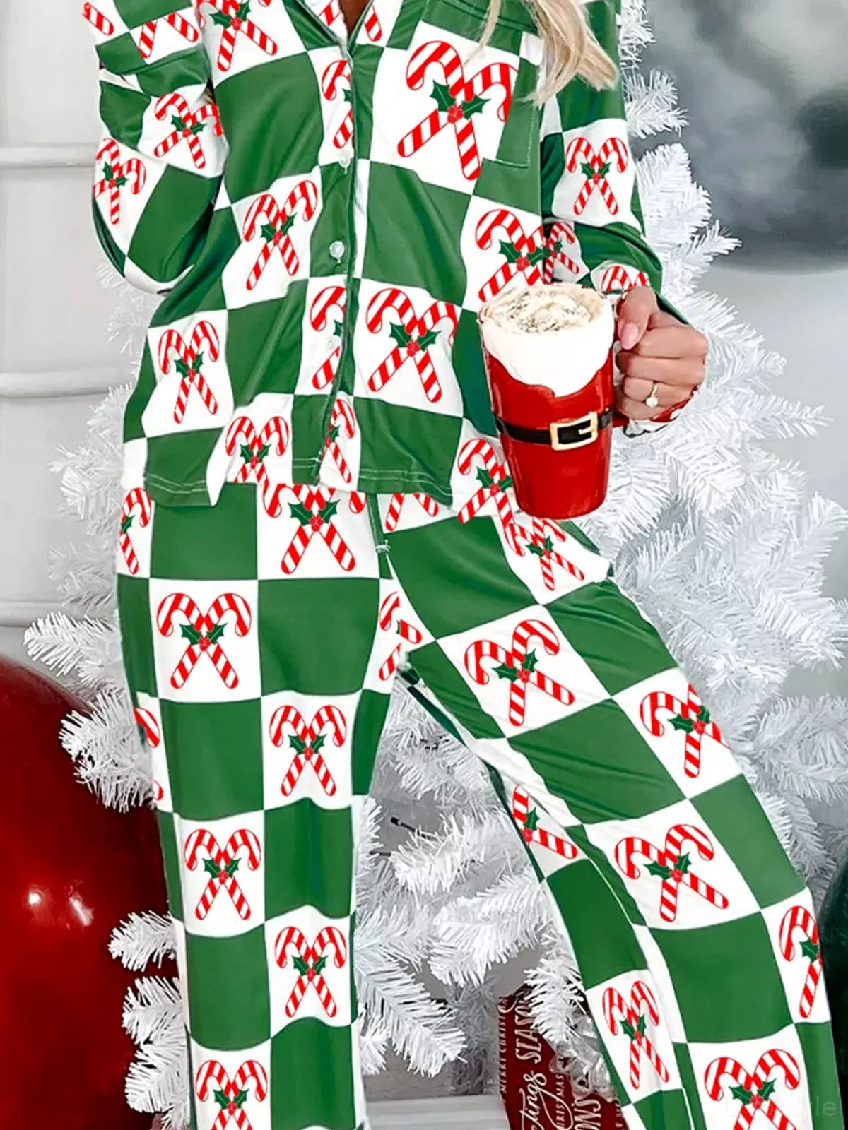 Candy Cane Checkered Print Long Sleeve Pajama Set