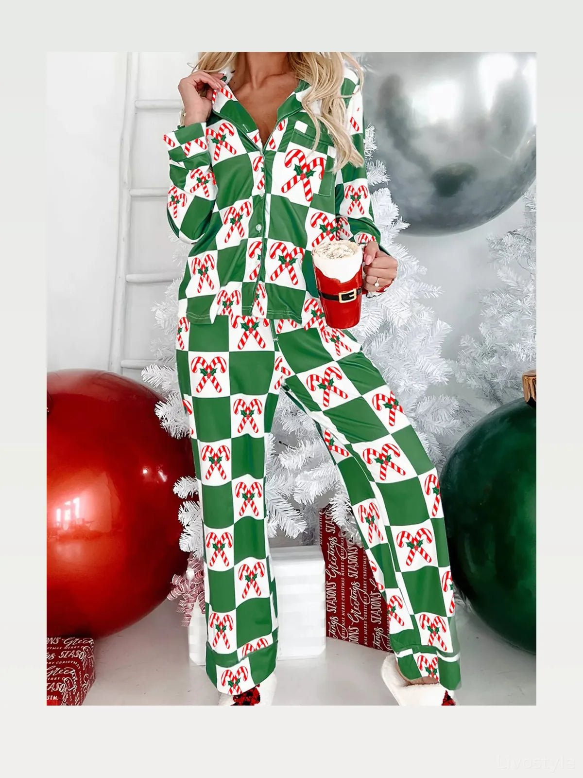 Candy Cane Checkered Print Long Sleeve Pajama Set