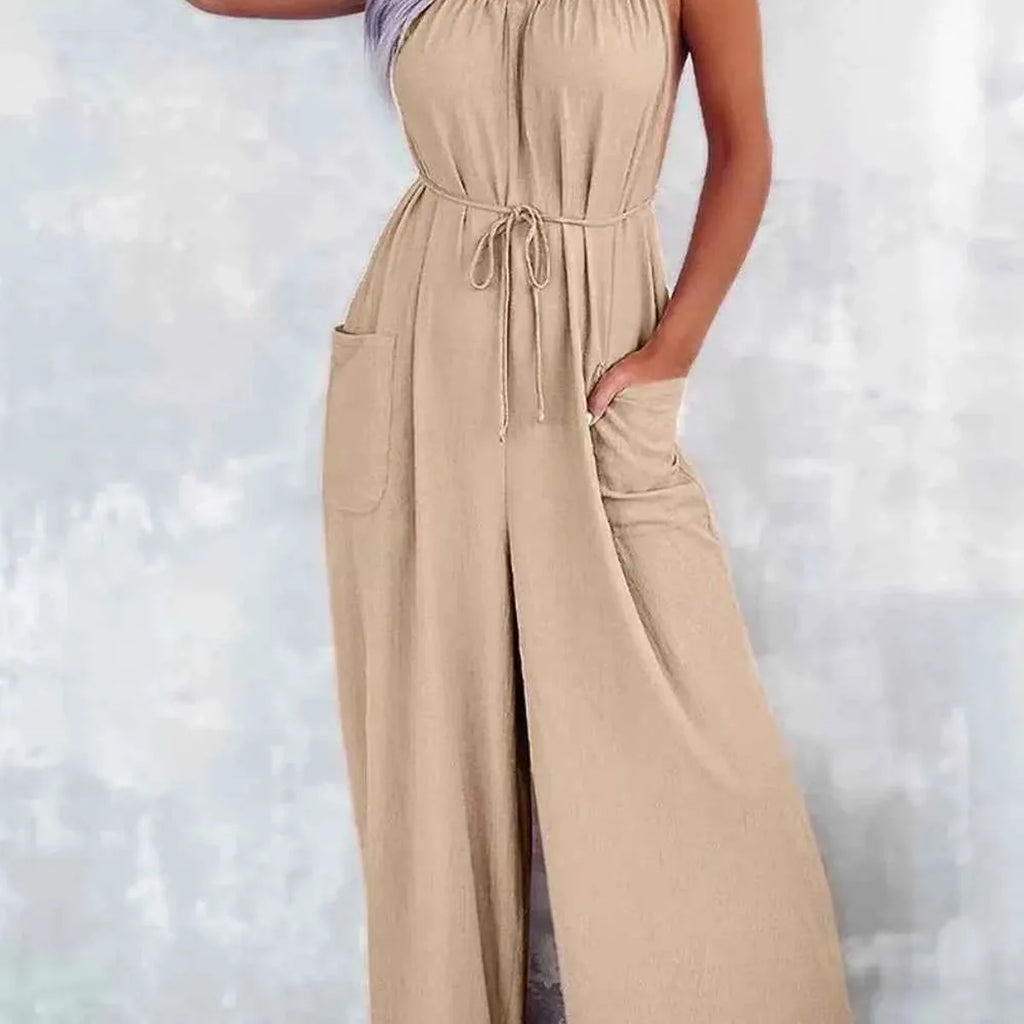 Spaghetti Strap Wide Leg Jumpsuit with Pockets