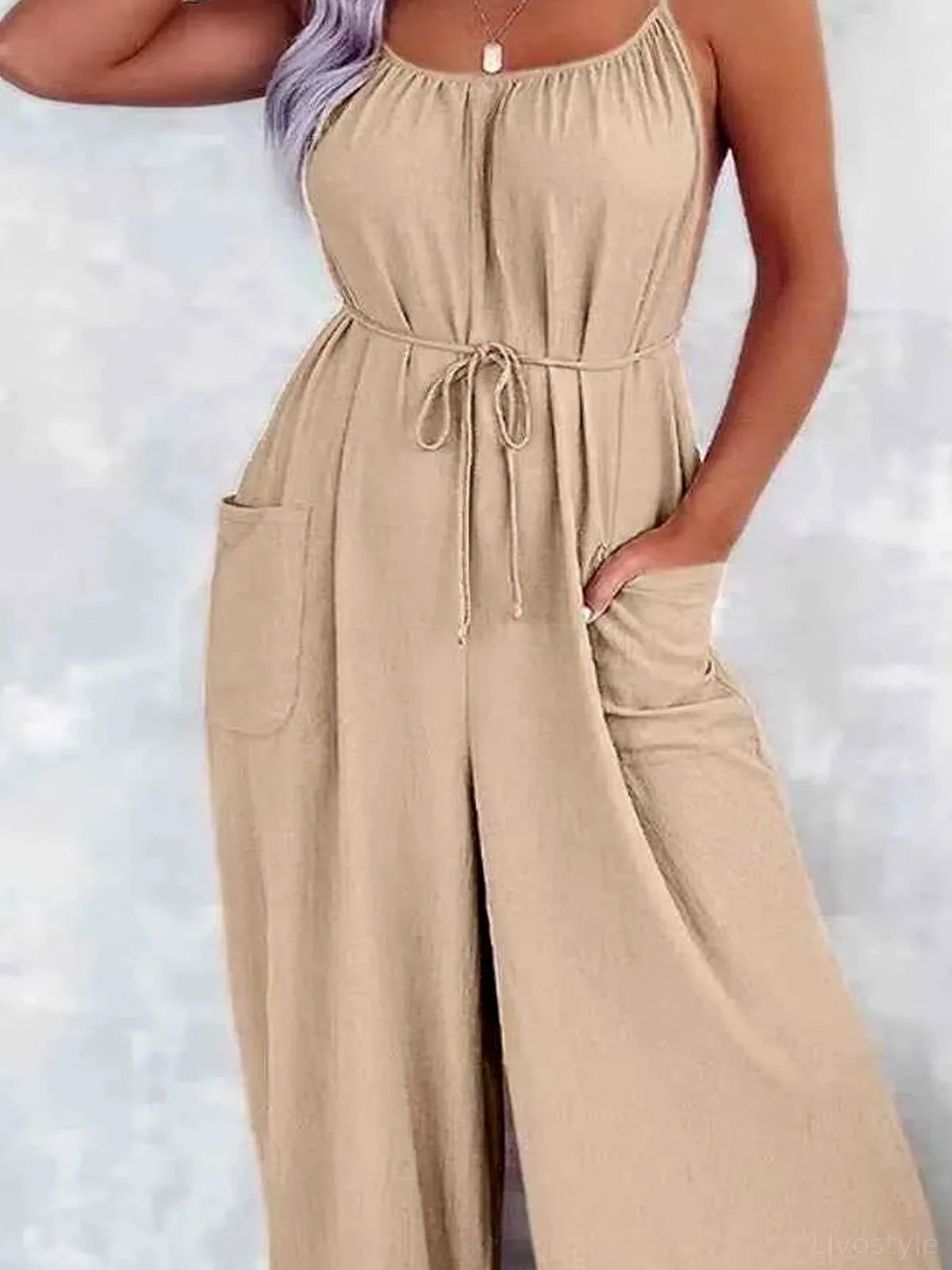 Spaghetti Strap Wide Leg Jumpsuit with Pockets