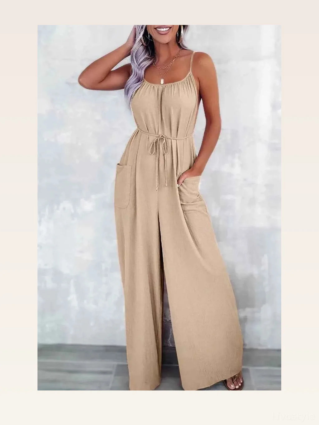 Spaghetti Strap Wide Leg Jumpsuit with Pockets