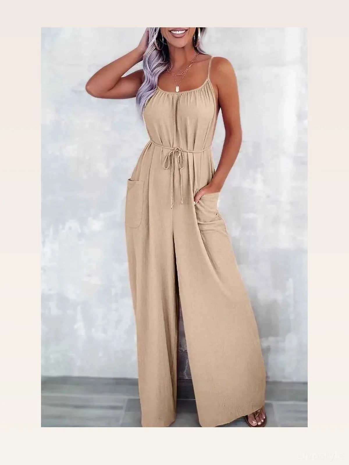 Spaghetti Strap Wide Leg Jumpsuit with Pockets