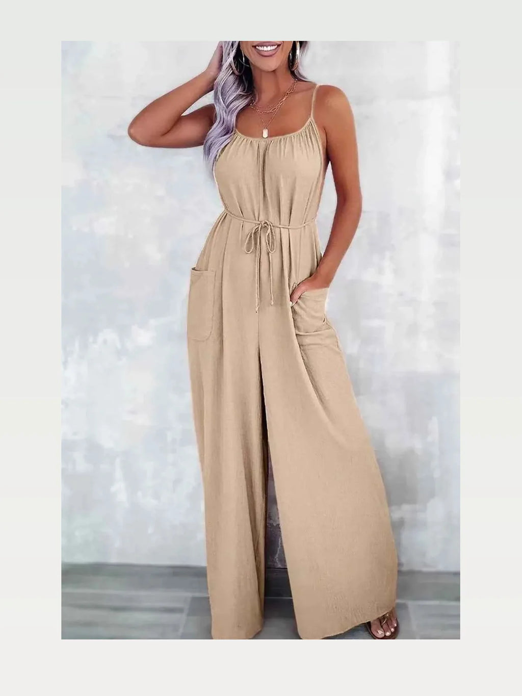 Spaghetti Strap Wide Leg Jumpsuit with Pockets