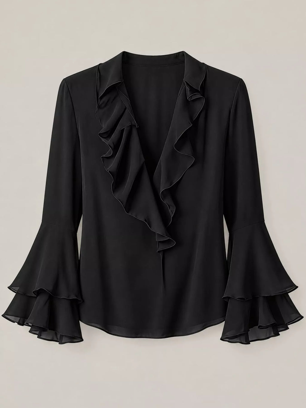 Ruffle-Trim V-Neck Blouse with Bell Sleeves