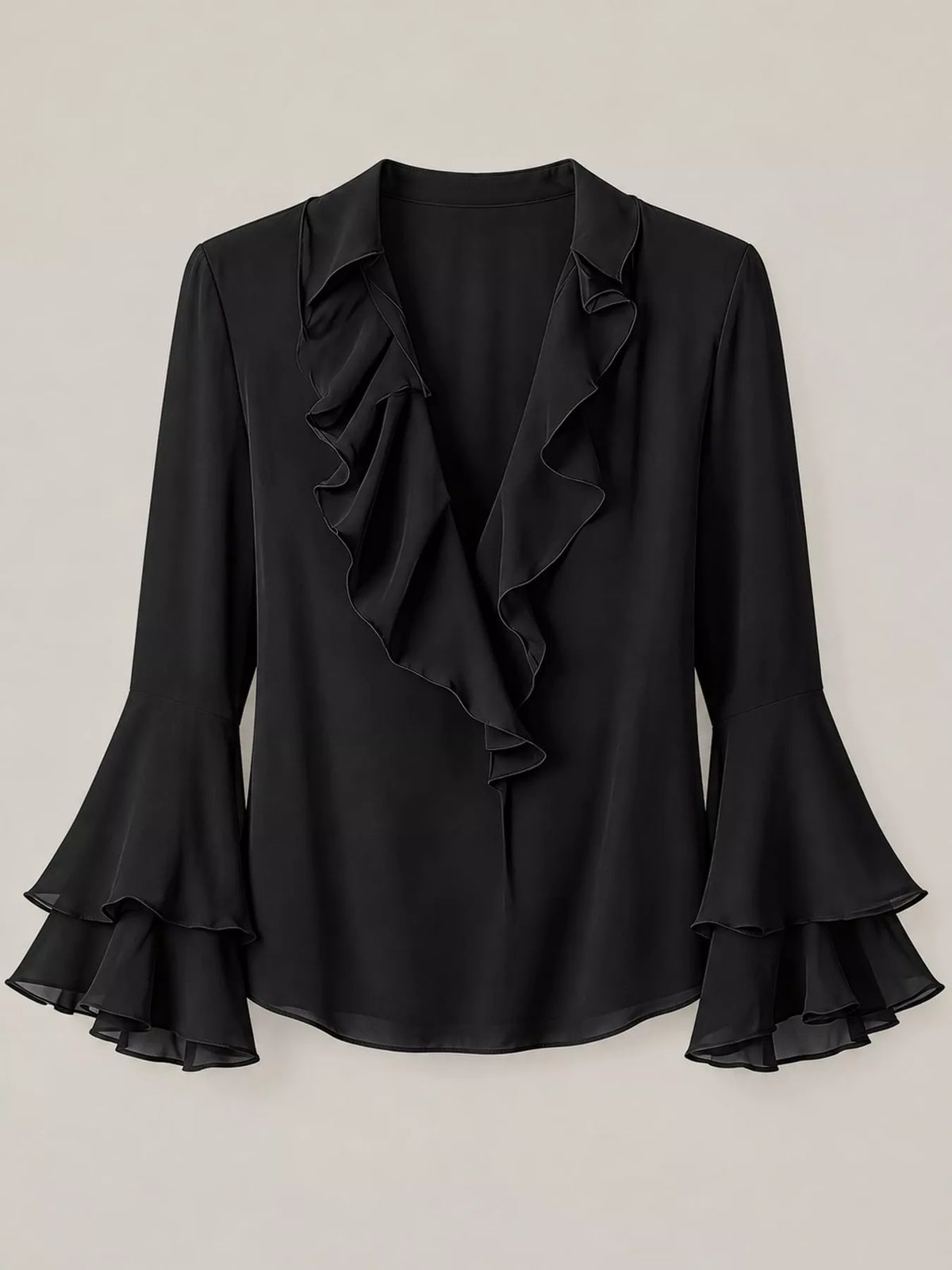 Ruffle-Trim V-Neck Blouse with Bell Sleeves