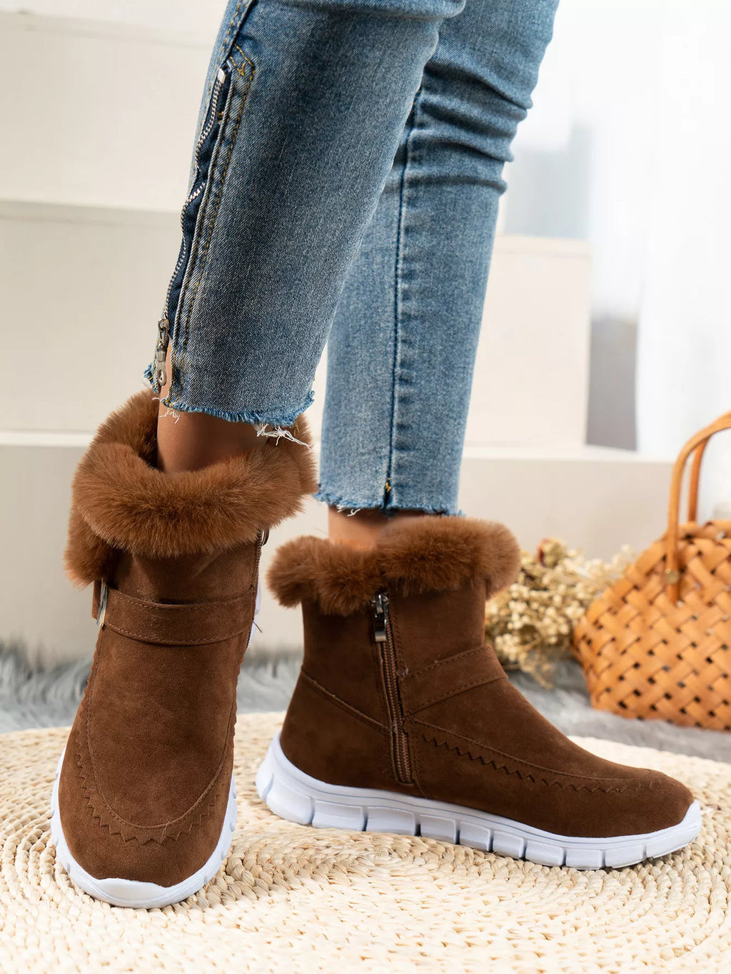 Fuzzy Trim Buckle Boots