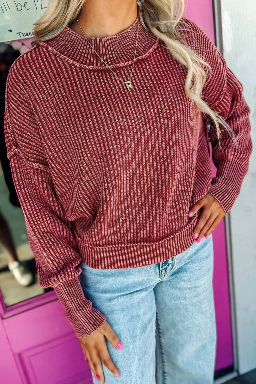 Red Dahlia Drop Shoulder High Neck Ribbed Sweater