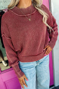 Red Dahlia Drop Shoulder High Neck Ribbed Sweater