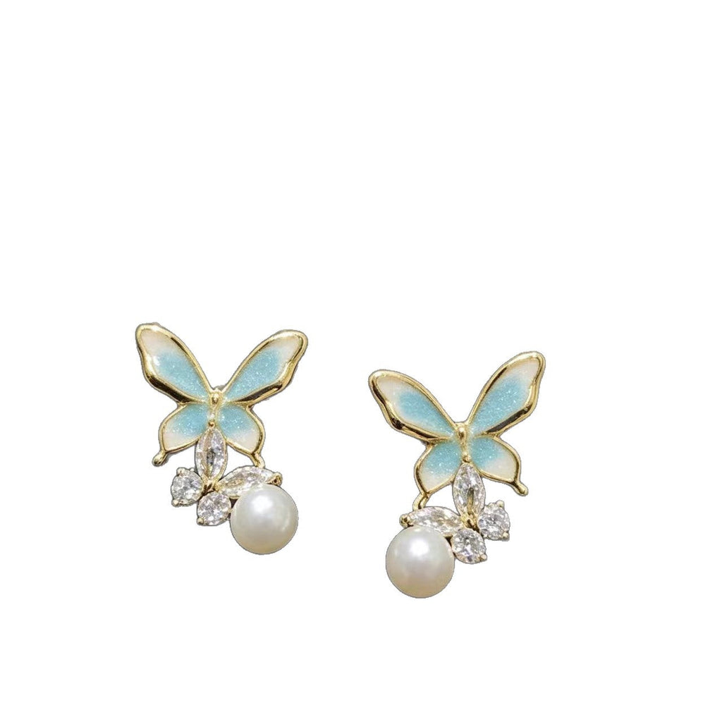 Dripping-oil Pearl Butterfly Elegant High-end Silver Needle Earrings