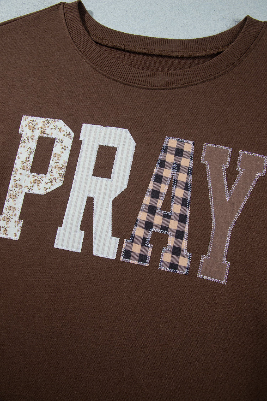 Coffee PRAY Letter Patchwork Round Neck Long Sleeve Plus Size Sweatshirt