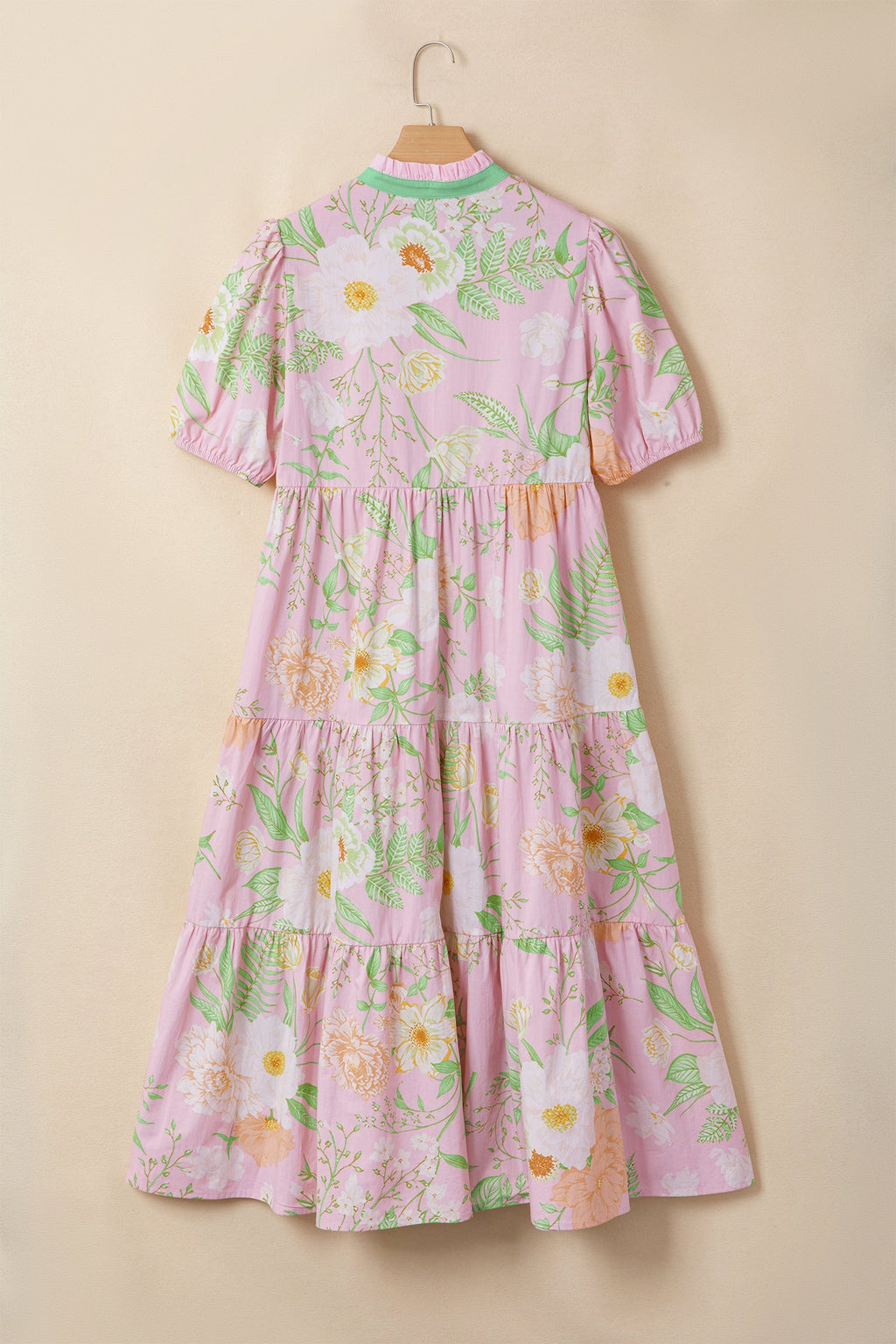 Pink Floral Print Short Puff Sleeve High Waist Tiered Maxi Dress