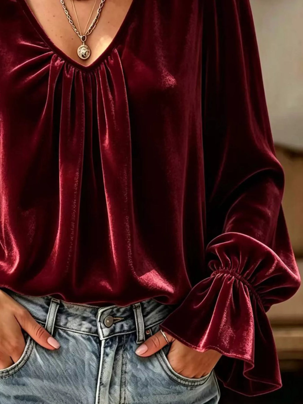 Full Size Ruched V-Neck Flounce Sleeve Blouse Plus Size