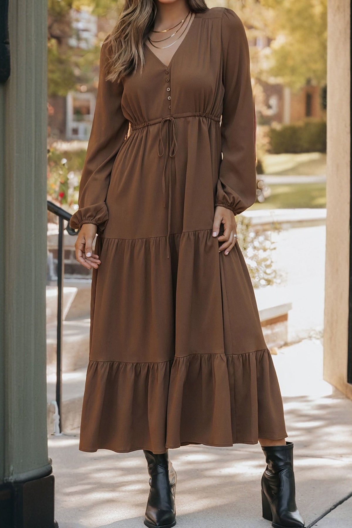 Solid Buttoned V-Neck Long Sleeve Tiered Maxi Dress
