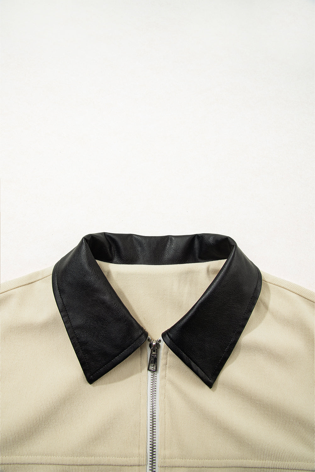 Textured Zip-Up Collared Faux Leather Jacket