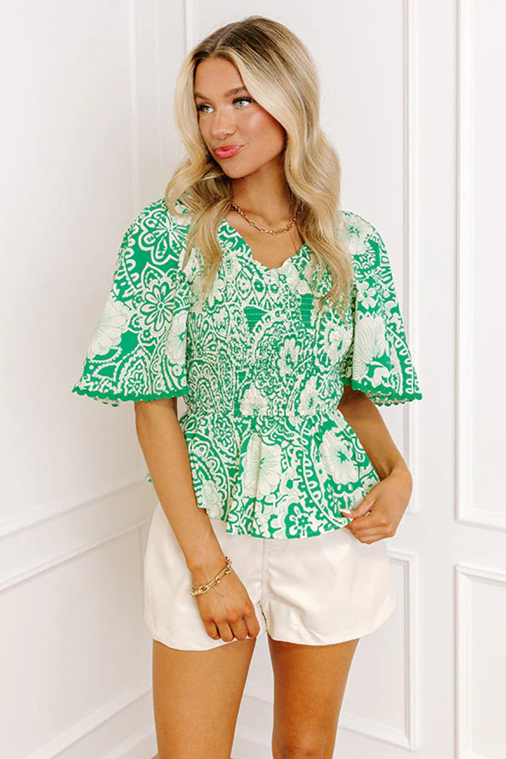 Green Flirty Floral Smocked V Neck Blouse