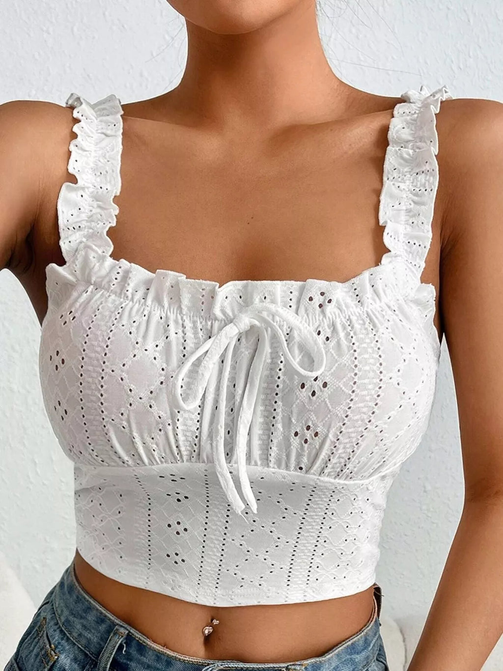 Eyelet Ruffle Strap Tie-Front Tank