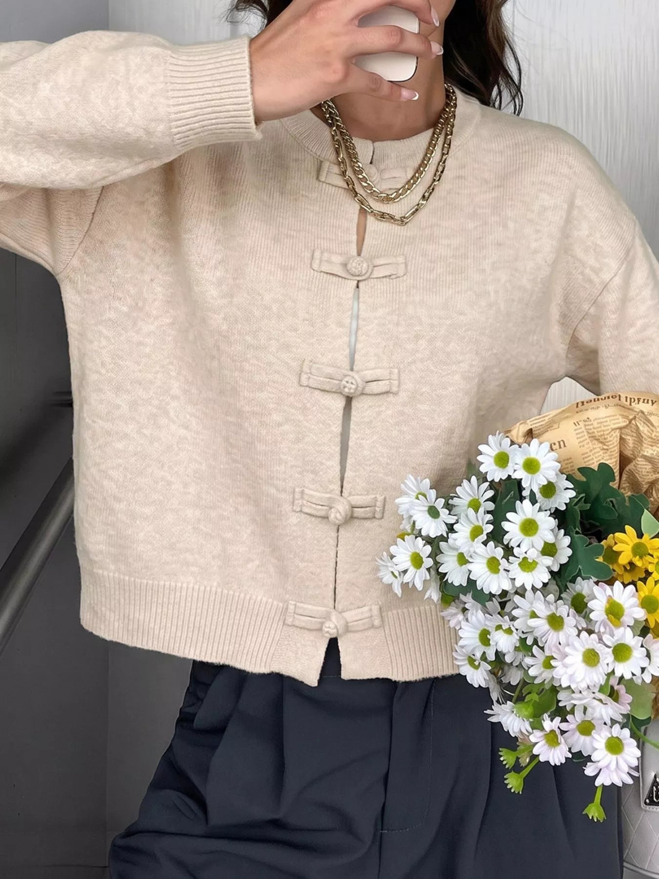 Button Up Dropped Shoulder Cardigan