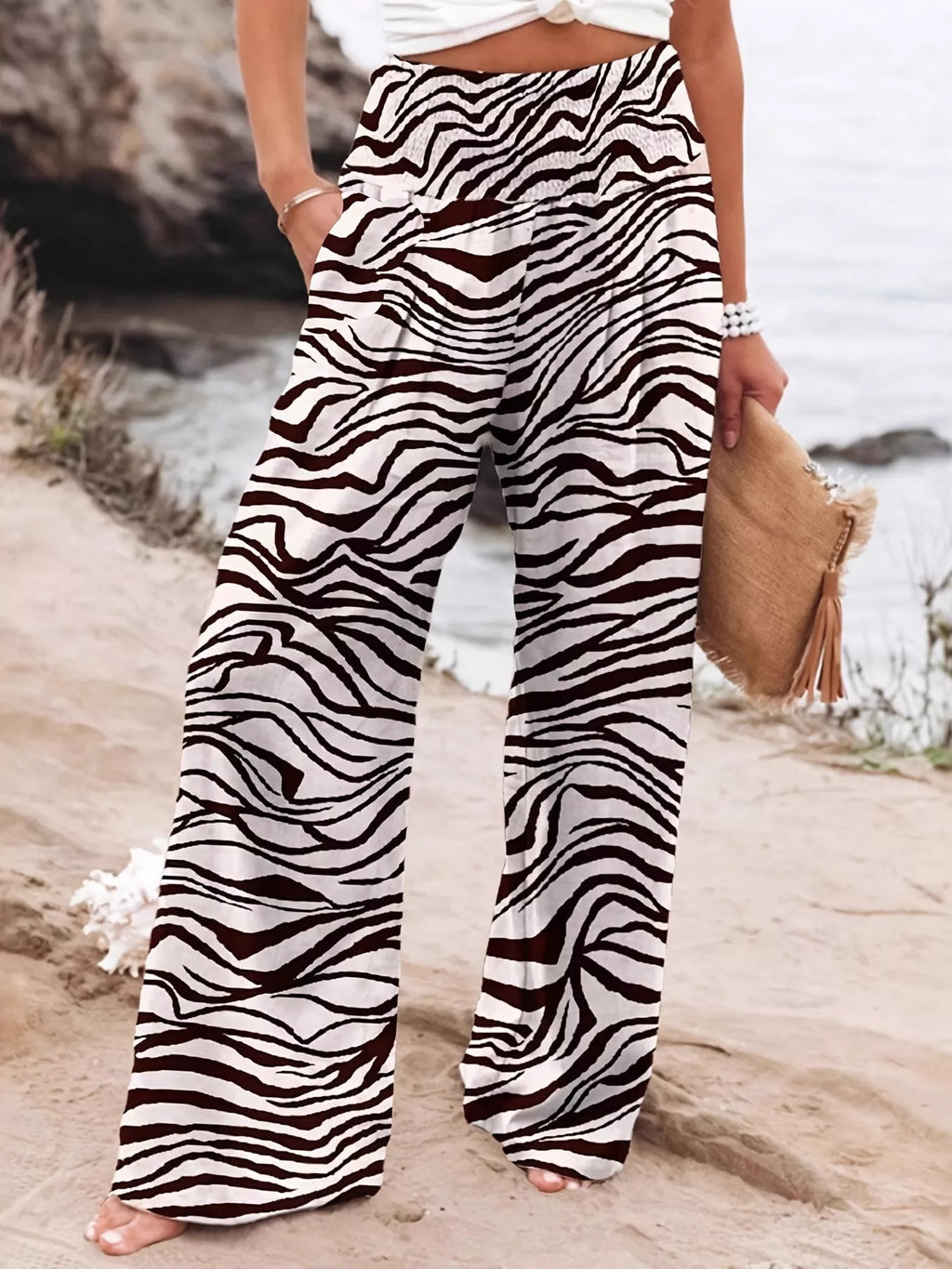 Plus Size Zebra Print High Waist Wide Leg Pants