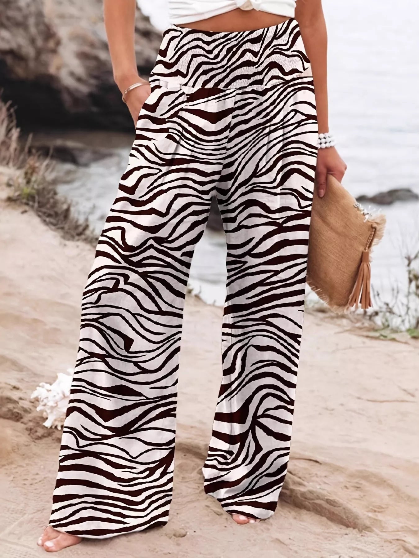 Plus Size Zebra Print High Waist Wide Leg Pants