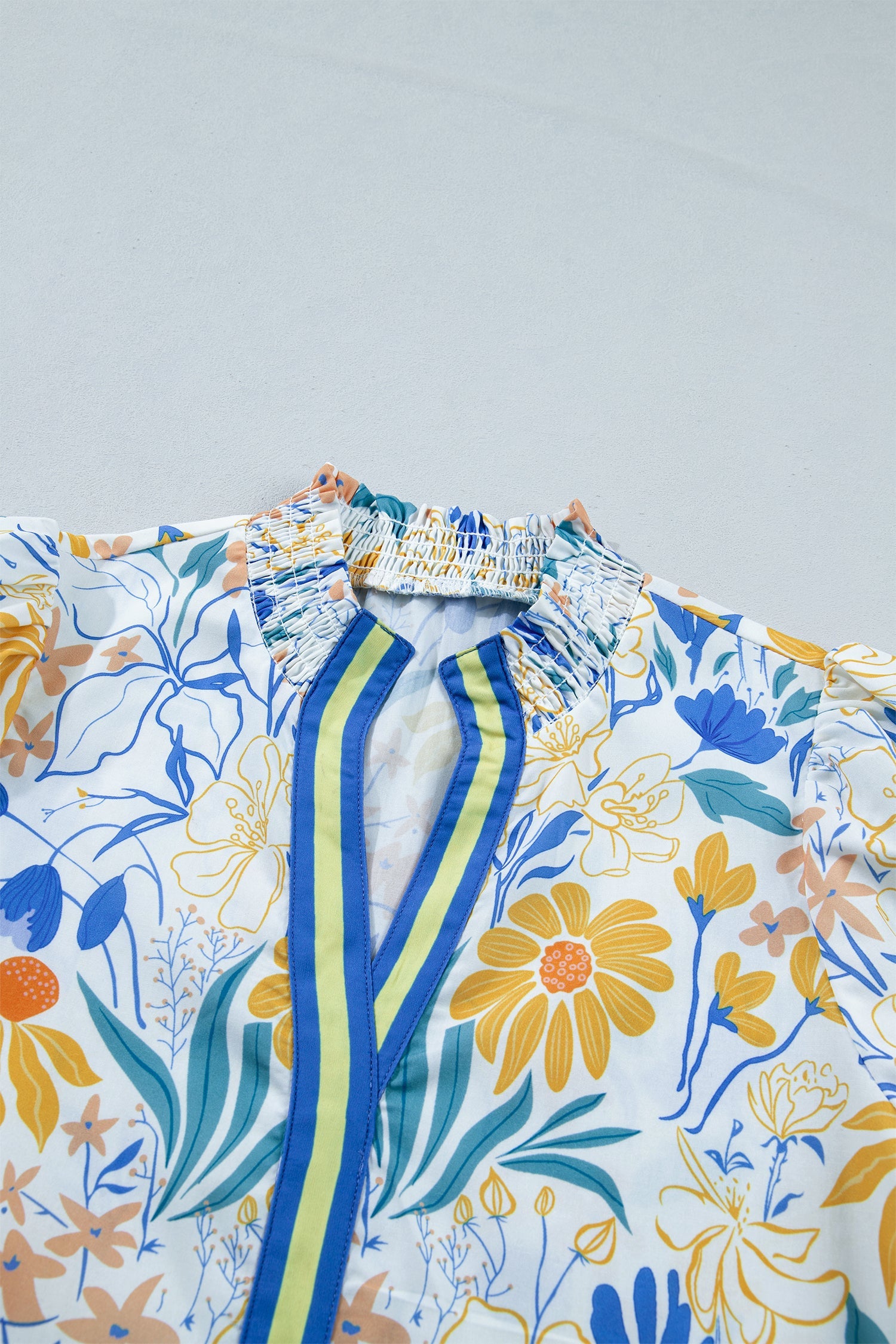 Yellow Floral Print Striped Trim V Neck Puff Sleeve Blouse