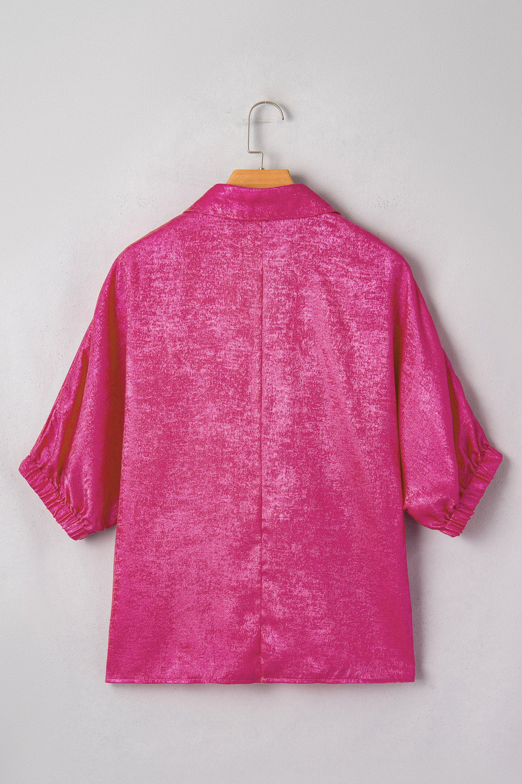 Strawberry Pink Collared V Neck Half Sleeve Metallic Top