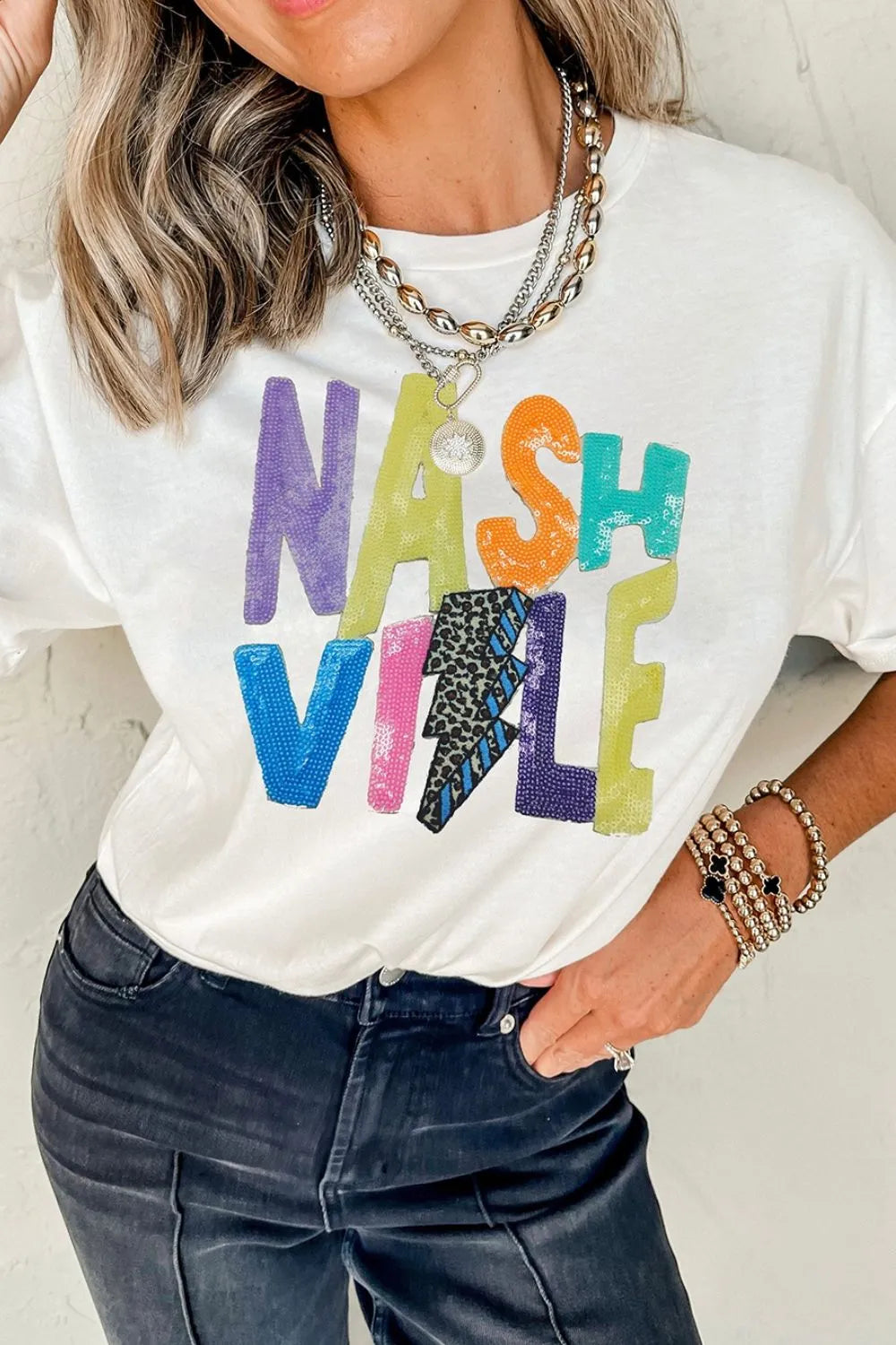 Nashville Sequin Round Neck T-Shirt