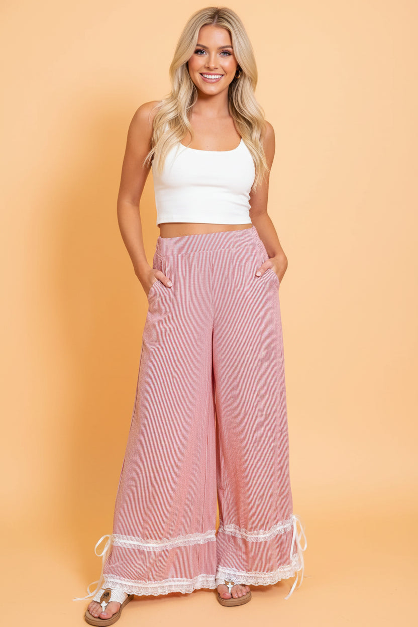 Stripe Contrast Lace Ribbon Tie Wide Leg Pants