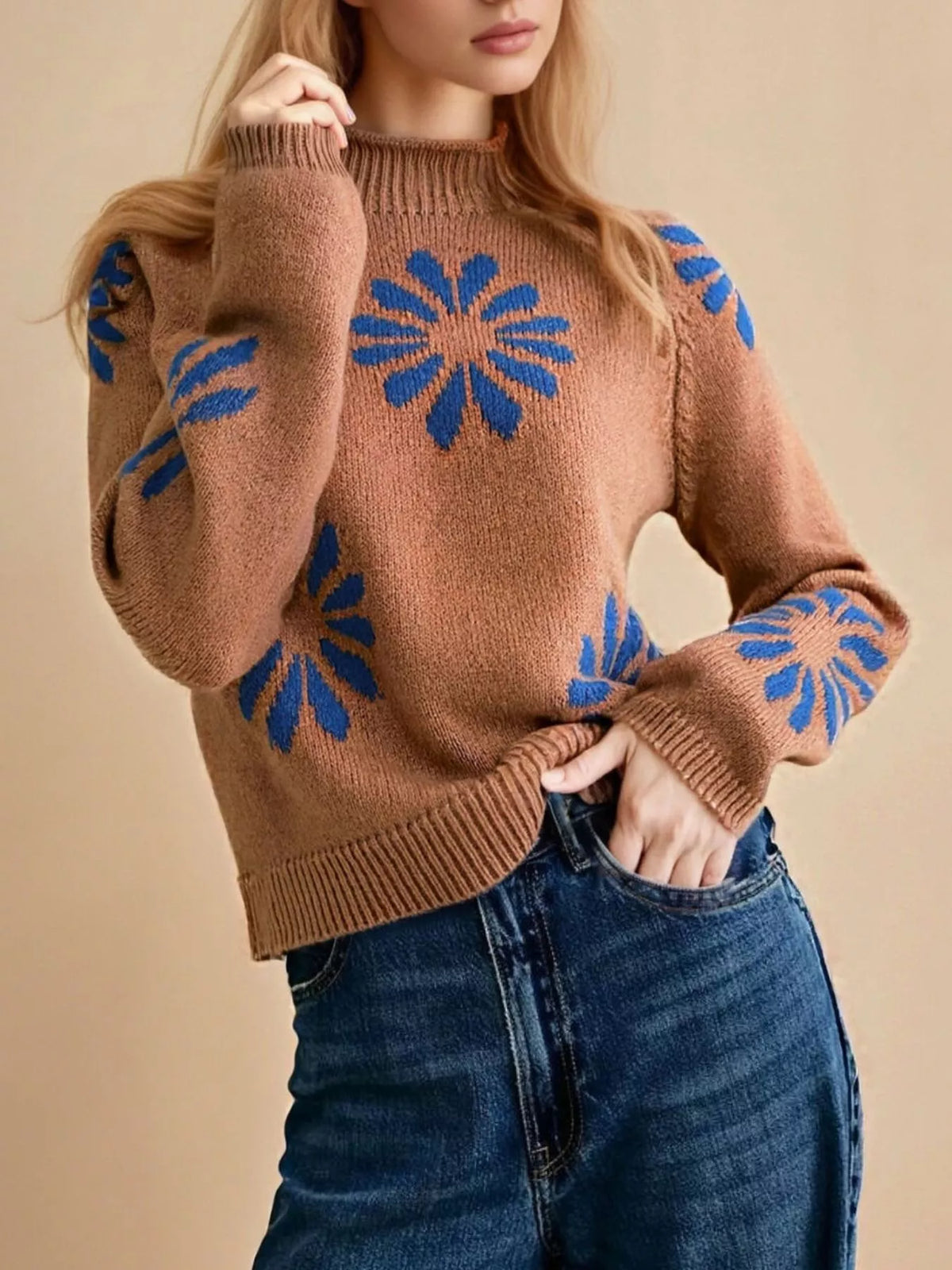 Flower Mock Neck Raglan Sleeve Sweater