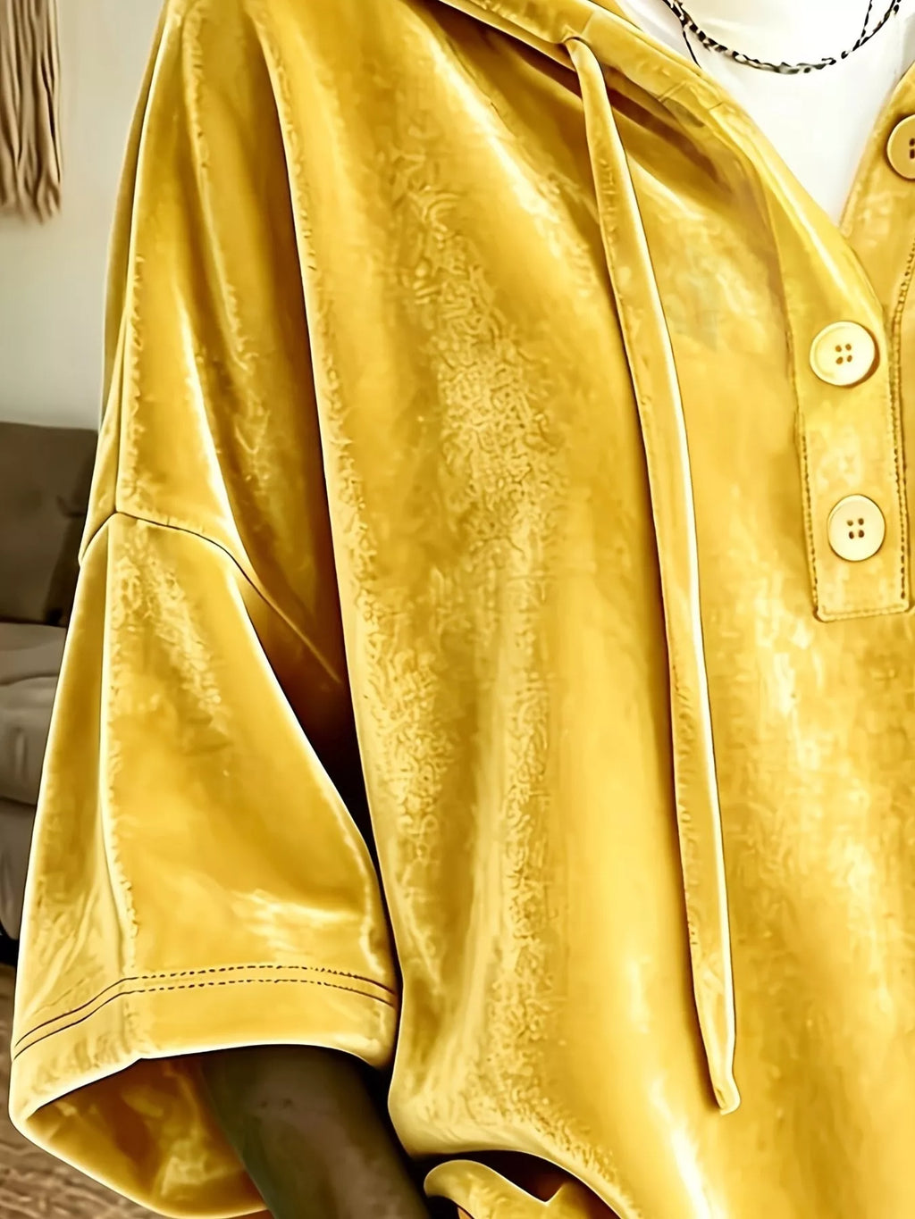 Full Size Velvet Button Detail Drawstring Hoodie Plus Size