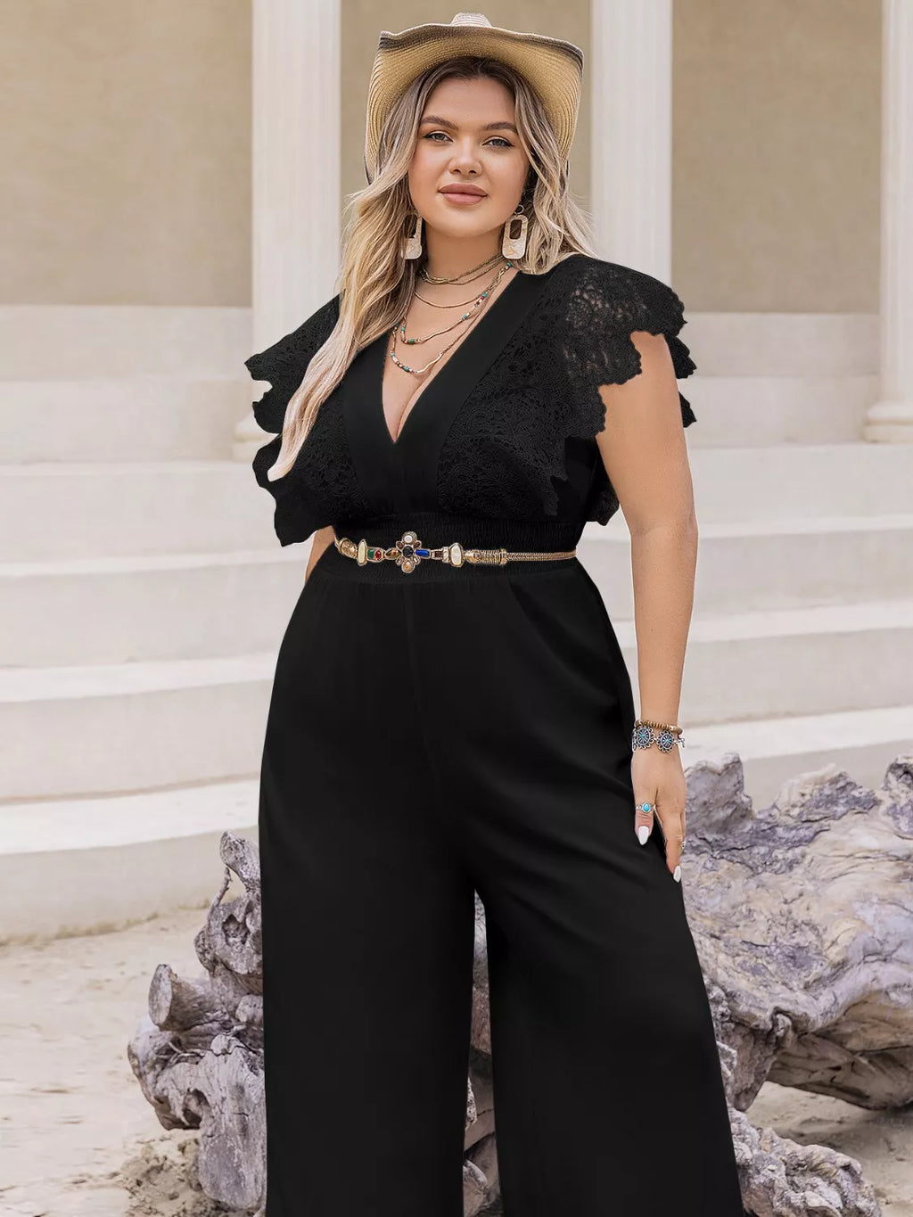 Lace Cap Sleeve Wide Leg Jumpsuit