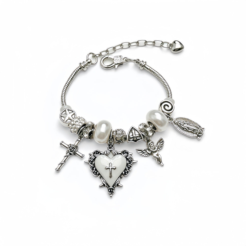 Retro Silver-White Heart And Cross Bracelet