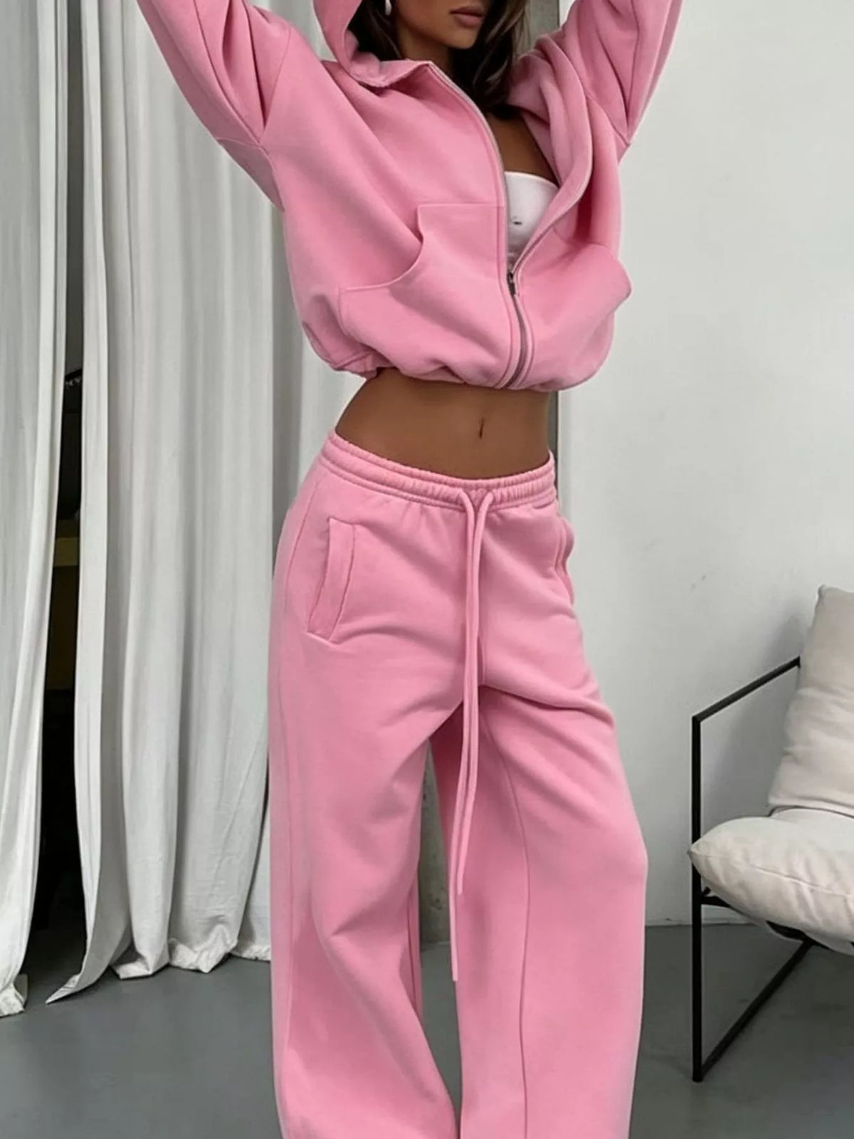 Casual Zip-Up Hoodie and Wide-Leg Sweatpants Set