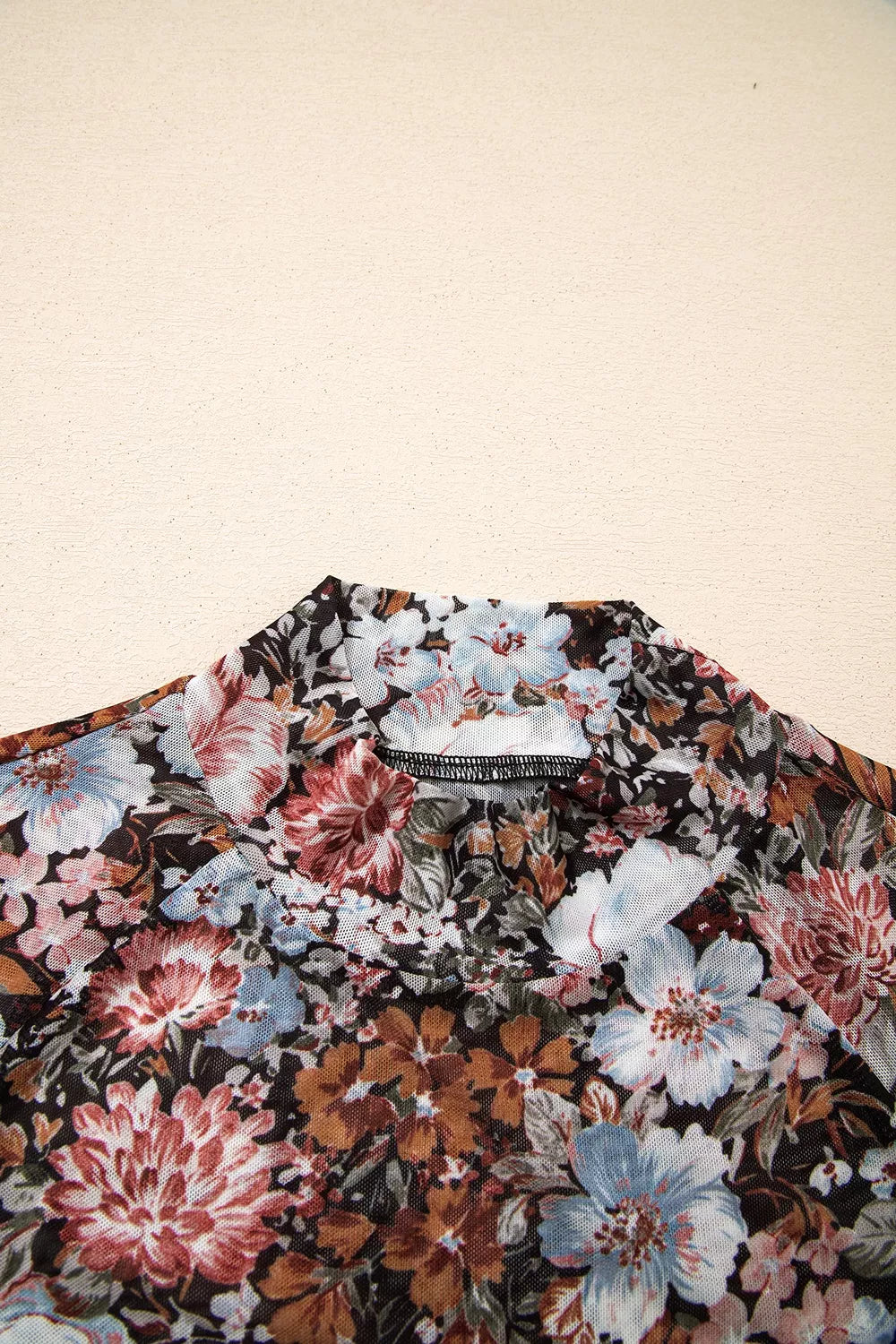Floral Print Mock Neck Sheer Mesh Top