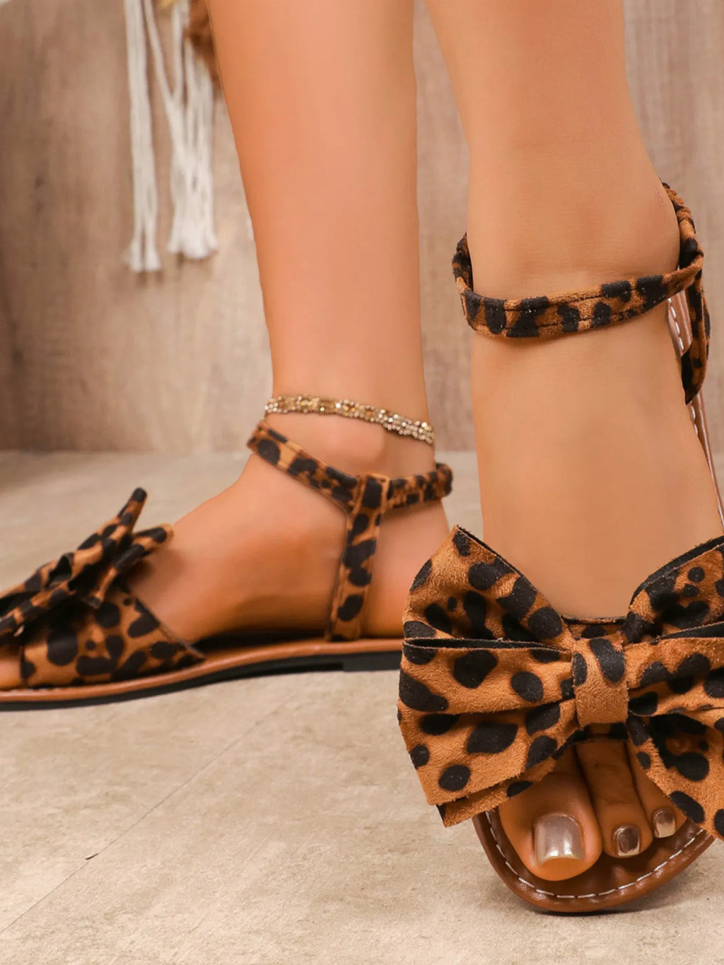 Leopard Print Bow Ankle Strap Flat Sandals