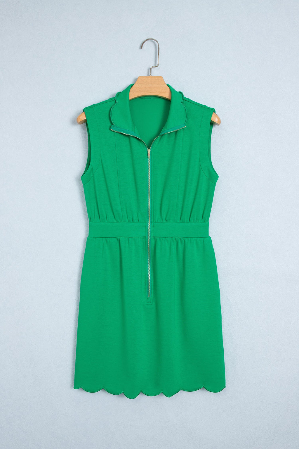Bright Green Sleeveless Zip Front Scallop Hem Mini Dress
