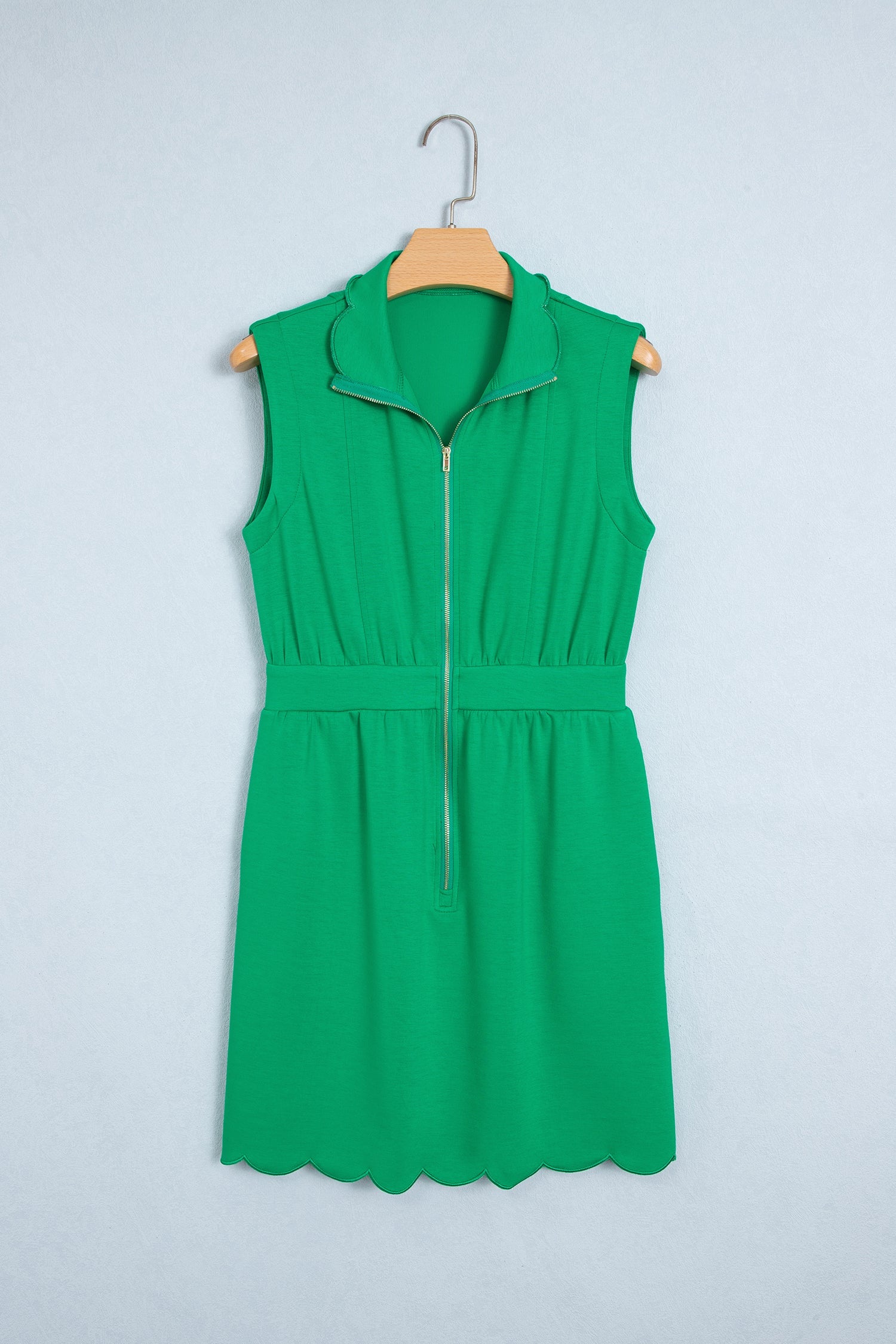 Bright Green Sleeveless Zip Front Scallop Hem Mini Dress