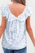 Sky Blue Floral Ruffled Short Sleeve Bow Back Square Neck Blouse