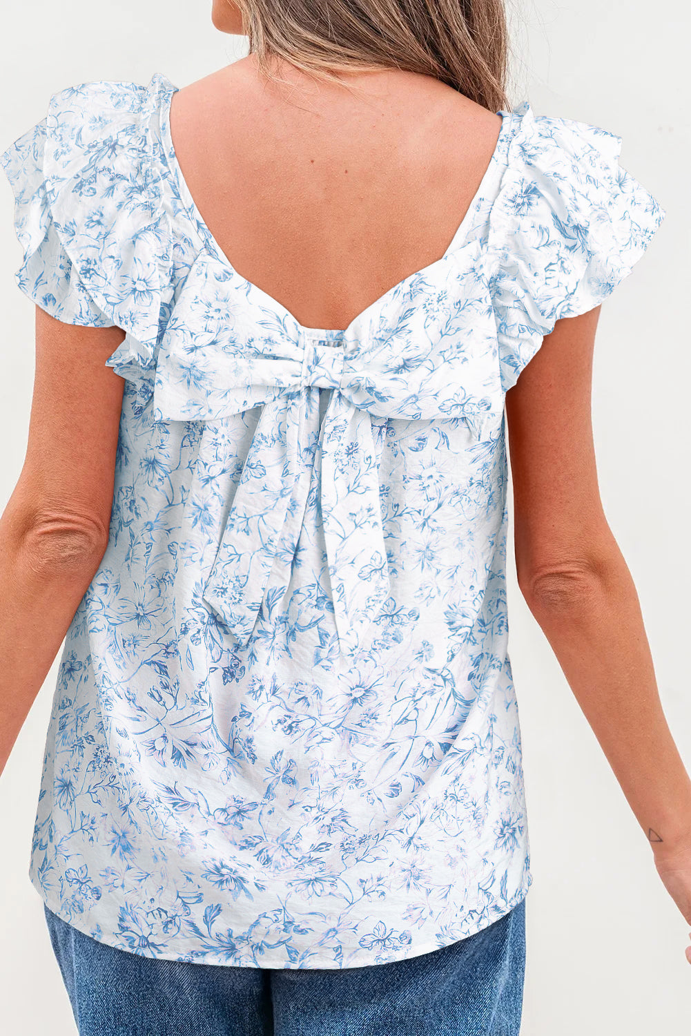 Floral Bow-Back Square Neck Ruffle Sleeve Blouse