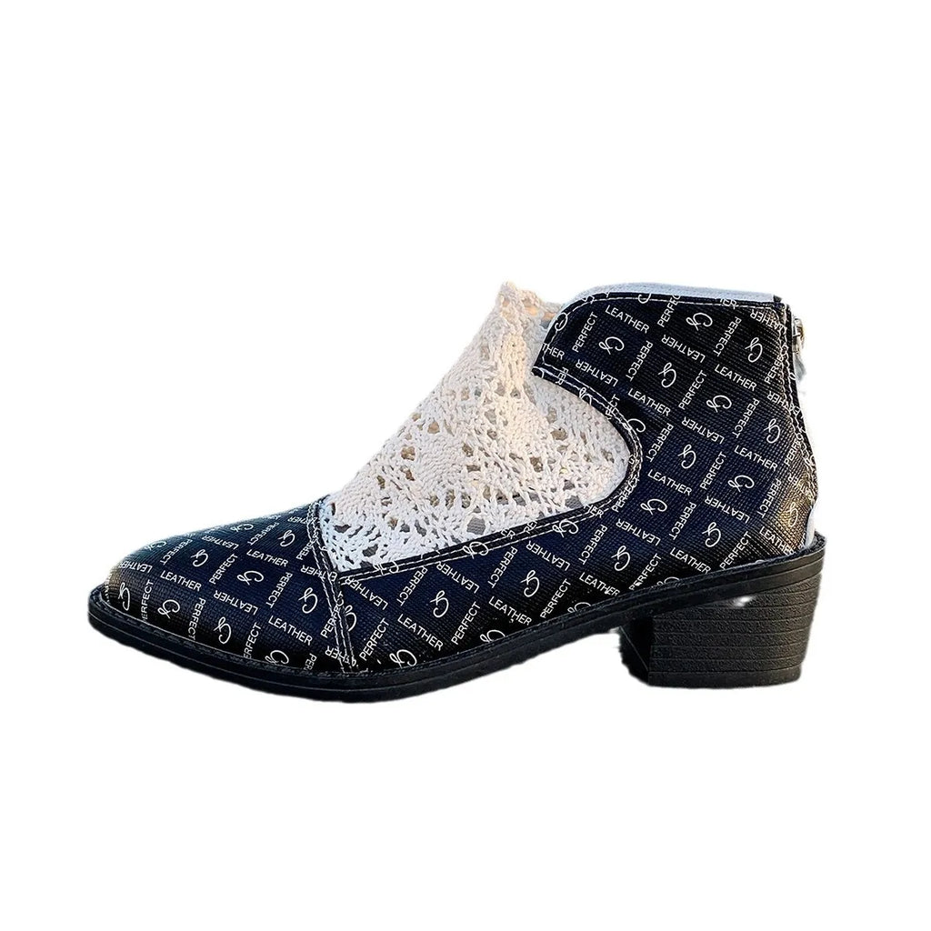 Printed Point Toe Block Heels Boots