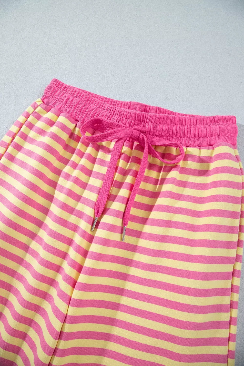 Stripe Colorblock Trim Crew Neck Loose Tee Drawstring Elastic Waist 2pcs Pant Set