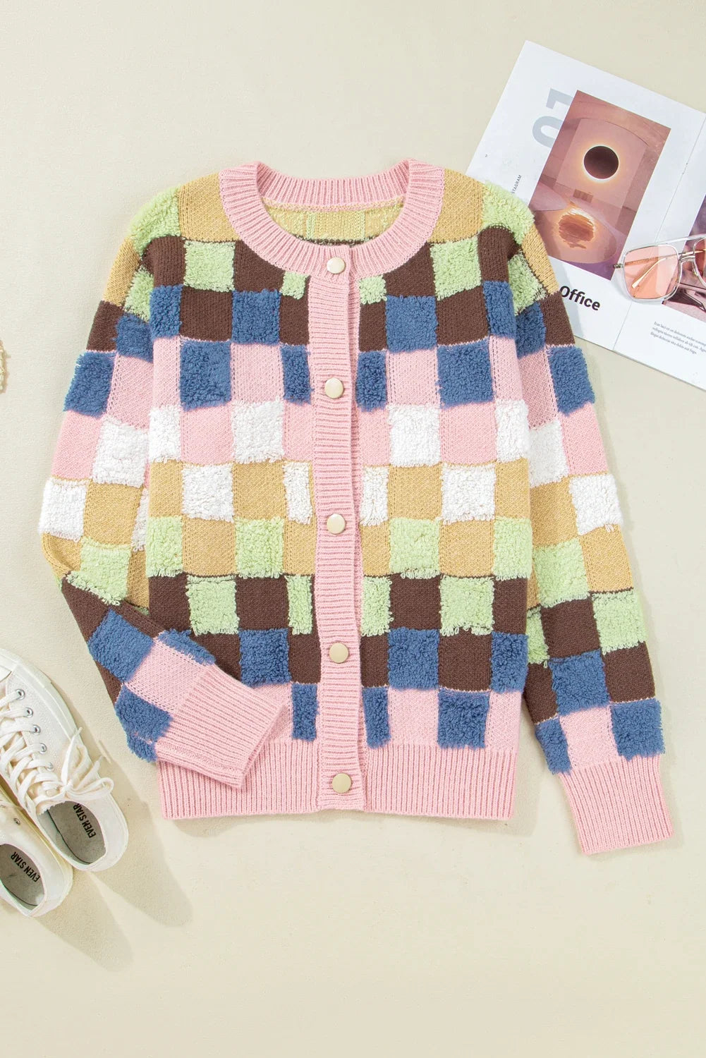 Checker Textured Knit Button Front Cardigan Sweater